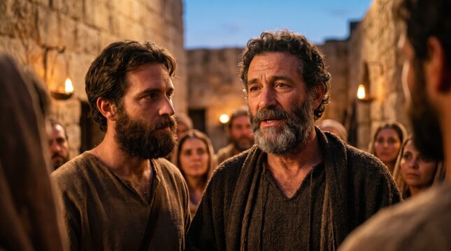 Apostle Peter and John speaking to early group of believers after interrogation. Biblical scene reflecting Acts 4 during ancient Jerusalem era. Faith, religious history and fellowship.