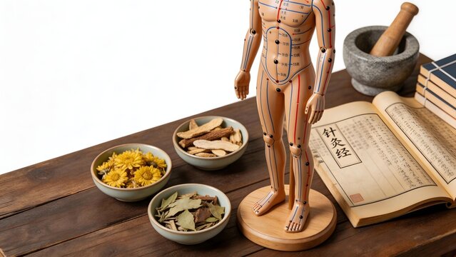 Acupuncture model with herbs and books