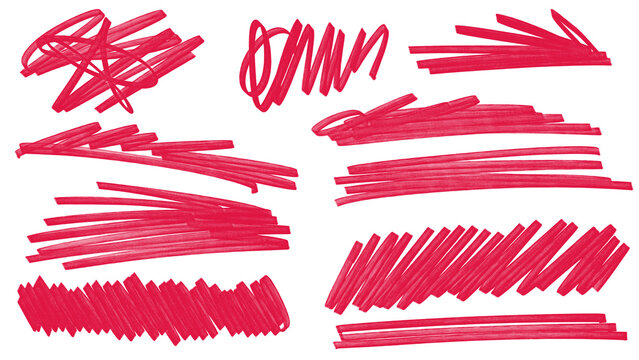 Set of red marker scratches and thick highlighter strokes on transparent background. Creative hand drawn scribbles for correction marks emphasis and urban street art design elements.