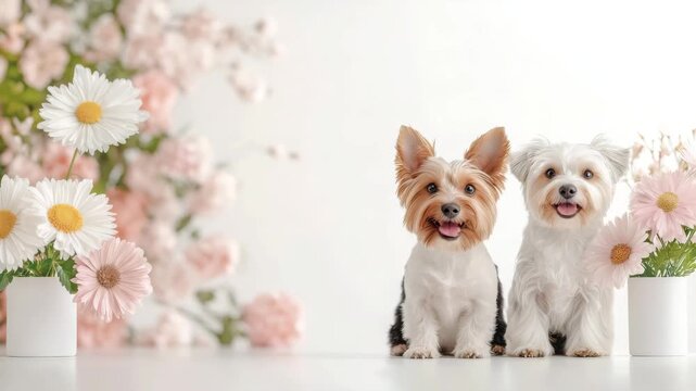 Two happy dogs sitting beside flowerpots in a bright setting  