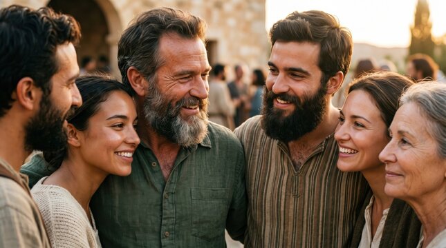 Apostles Peter and John sharing glad tidings with believers after interrogation. Group of ancient people gathering together in community fellowship. Biblical history theme event, religious scene.