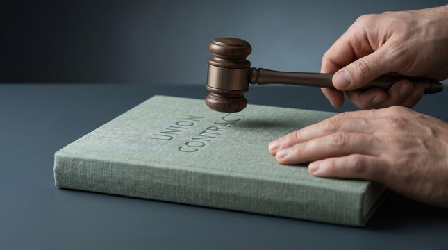 A judge's gavel on a union contract book representing the concept of a legal decision.