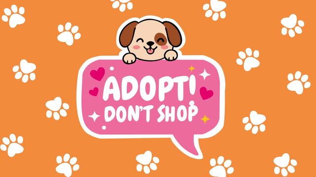 Adorable puppy peeking over a speech bubble with &ldquo;Adopt Don&rsquo;t Shop&rdquo; message, surrounded by paw prints. Perfect for pet adoption campaigns, shelters, awareness content, and social media use.