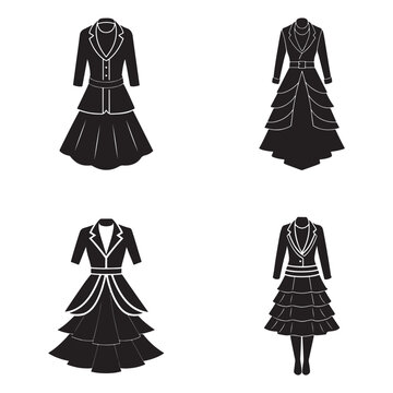Four black silhouettes of womens fashion dresses with white outlines on white background