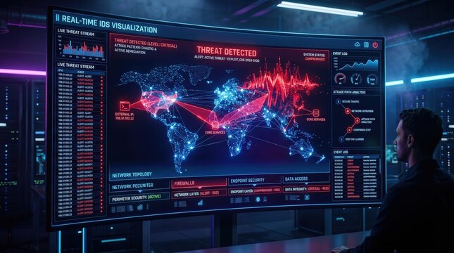 Man analyzing global cyber threat on large computer screen with red and blue data visualization