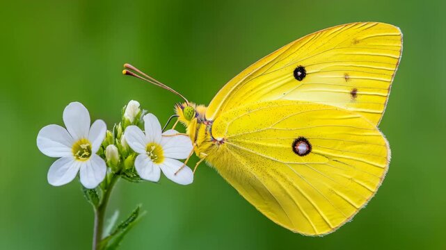 Yellow butterfly resting on white flowers in a green garden  