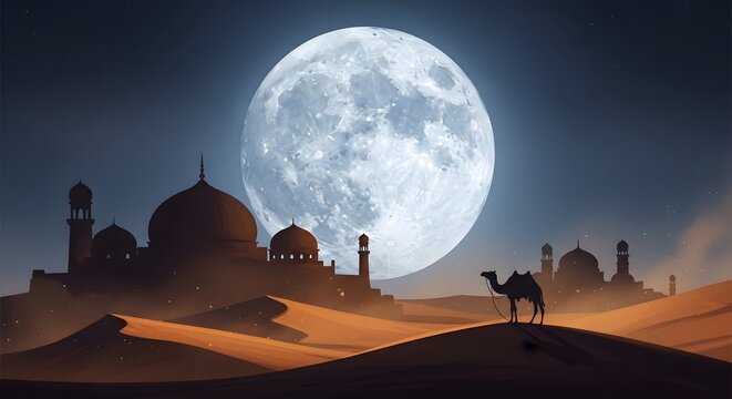 Mystical desert night a giant moon over ancient structures and a camel