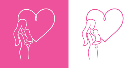 Logotipo con dibujo minimalista con líneas de una madre abrazando a su hijo con un corazón, para tarjetas y felicitaciones del Día de la Madre  © teracreonte