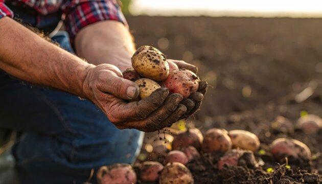 Farmer's calloused hands gently holding a freshly dug handful of potatoes from the soil, showcasing the rich harvest.
