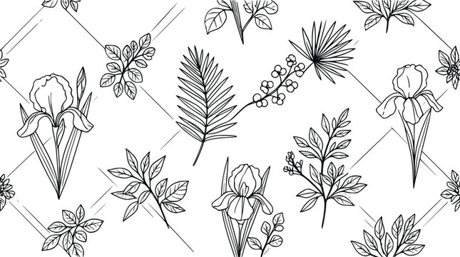 Elegant botanical line art seamless pattern featuring iris flowers and delicate foliage arranged within diamond geometric frames, suitable for decorative design and artistic backgrounds.