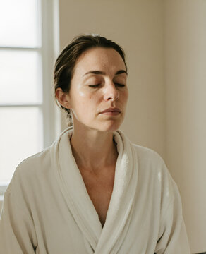 A close-up portrait of a woman with closed eyes, wearing a white robe. Morning skincare close portrait.