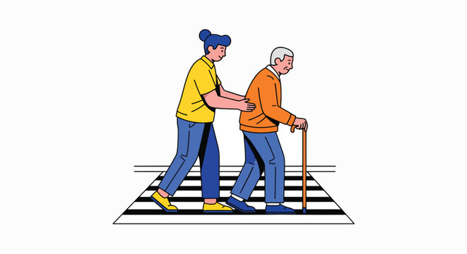 Illustration of a young woman assisting an elderly man with a cane crossing a street at a crosswalk with black and white stripes.