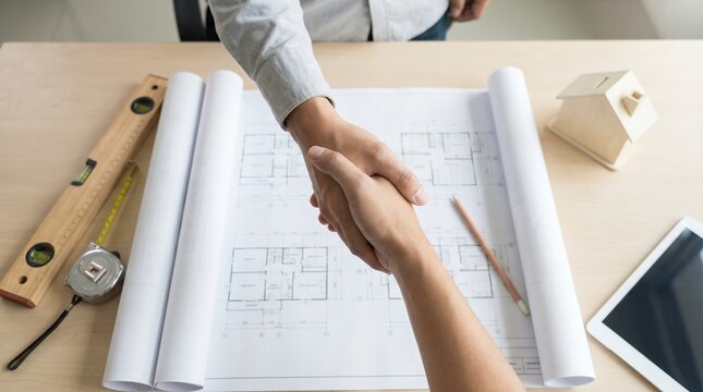 Architect and client shaking hands over building blueprints and house model.