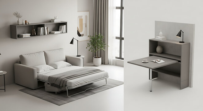 Modern transformable furniture set with a grey pullout sofa bed and a folding console desk. Minimalist Interior Design
