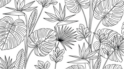 Tropical Leaves and Exotic Flowers Vector Illustration Pattern. Hand-Drawn Botanical Jungle Graphic Design Featuring Monstera, Palm, and Bird of Paradise Plants on a White Background. © Arun