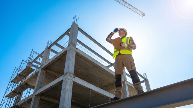 Construction worker standing on steel beam at building site.