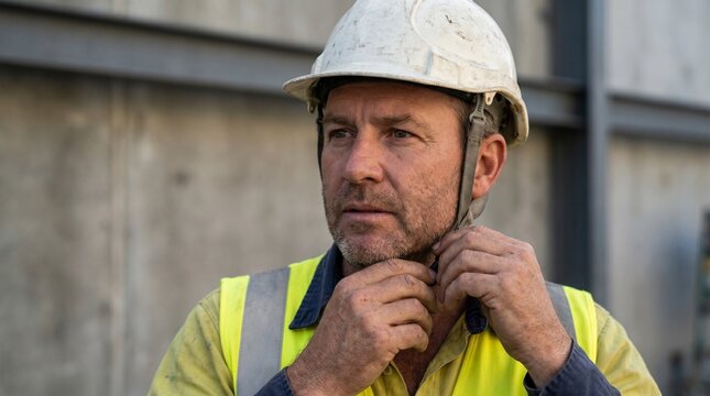 Focused male construction worker adjusting his hard hat.