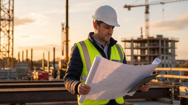 Professional male architect in hard hat and safety vest reviewing blueprints at construction site during sunset.