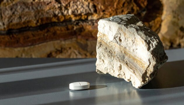 Natural Limestone Rock Fragment Rich in Calcium Carbonate Next to a Pharmaceutical Tablet on a Gray Surface