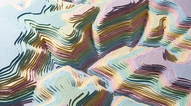 Abstract topographic map background made of stacked pastel colored textured paper layers with sharp shadows mimicking a mountain range