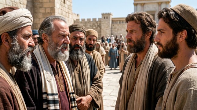 Apostle Peter and apostle John arguing with Jewish priests and sadducees in Jerusalem temple. Biblical scene representing Acts 4. Religious confrontation and historical faith conflict.