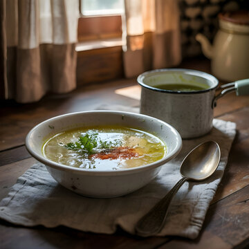 Sopa de verduras caliente en un cuenco r&uacute;stico servida en una mesa de madera junto a la ventana
