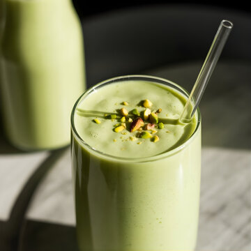 Smoothie cremoso de pistacho o aguacate en vaso de cristal con pajita reutilizable y frutos secos picados