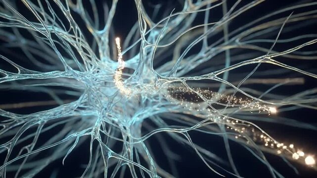 Abstract glowing glass neural network with azure and gold bioluminescent threads representing complex cognitive connections and data flow