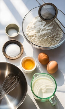 Ingredientes para hornear con harina, huevos, leche y utensilios de cocina sobre fondo blanco con luz solar