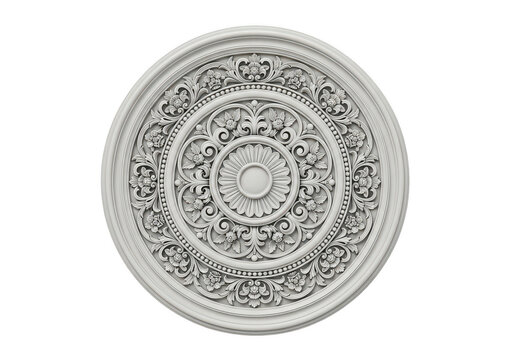 A circular ceiling medallion featuring intricate floral carvings and classic neoclassical detail PNG isolated on transparent background
