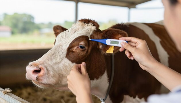 Veterinarian measuring a brown and white dairy cow's temperature with a digital ear thermometer in a barn