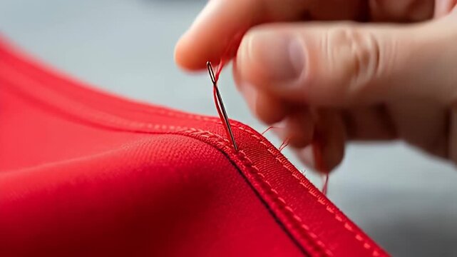 Sewing Process Close Up Red Fabric Needle Thread Hand Crafting