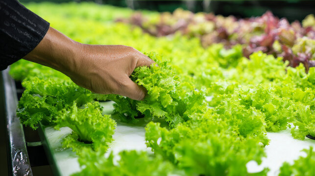 Hydroponics method of growing plants using mineral nutrient solutions, in water, without soil. Close up planting hand Hydroponics plant