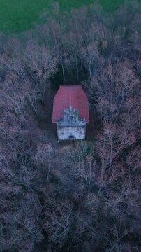 Aerial view from a drone of the Hermitage of Santa Mar&iacute;a Egipciaca in Anzo, in the Mena Valley. Merindades region. Burgos. Castile and Le&oacute;n. Spain. Europe