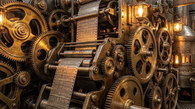 Interior of a mechanical computer with massive brass gears and metal punch cards in a warm golden steampunk engine