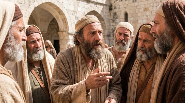 Saint Peter and saint John talking with Jewish priests and sadducees in biblical Jerusalem. Apostle preaching truth to religious leaders after arrest. Historical religious drama scene.