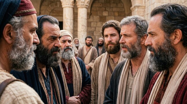 Apostle Peter and John standing before the high priest and sadducees in biblical Jerusalem. Religious scene depicting ancient interrogation, faithful testimony or church history narrative.