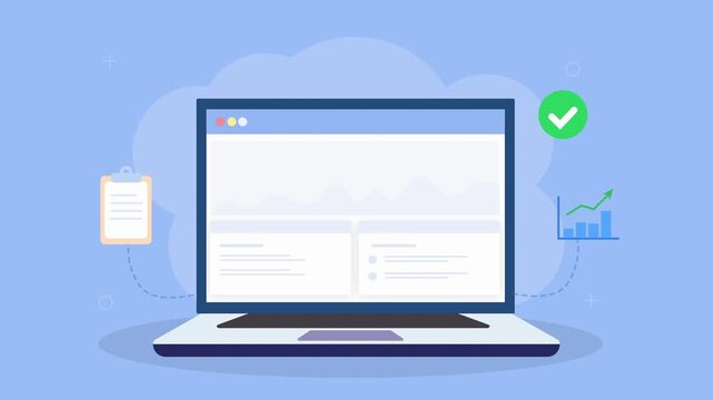 Animated laptop displaying task completion dashboard with checklist, approval checkmark, and performance chart elements in clean flat design on blue background.