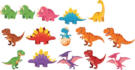 Cute Cartoon Dinosaur Character Set with Colorful Baby Dinos, T-Rex, Stegosaurus, and Pterodactyl for Kids, Games, and Educational Design Projects. © MstSuborna