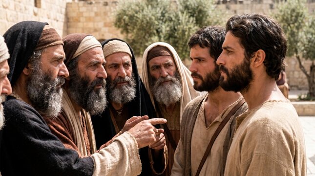 Apostles Peter and John standing before the Jewish leaders and high priests for interrogation. Biblical scene from Acts of the Apostles. Ancient middle eastern historical reenactment.