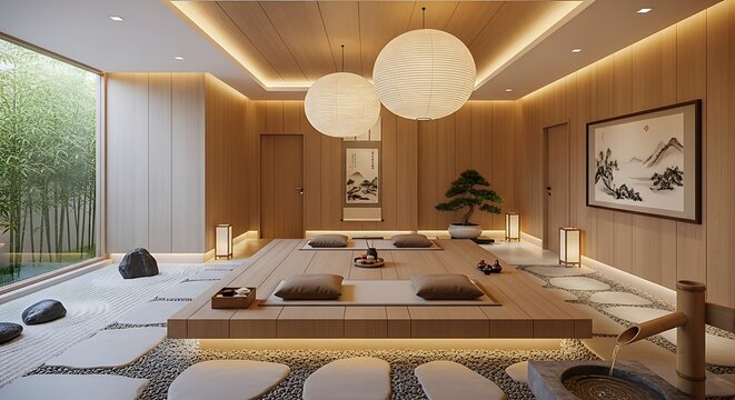 Serene Japanese Zen Room with Luminous Platform Paper Lanterns and Indoor Garden.