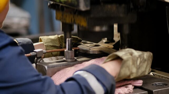 Close up of a factory worker using protective gloves to operate a large industrial metal pressing machine during production process.