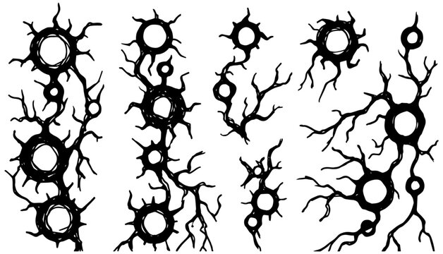 Hand drawn collection of black ink circular shapes connected with jagged branching roots on white background surface