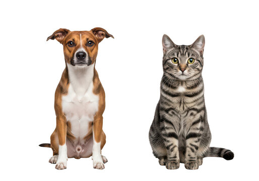 Dog and cat sitting together, friends, pets, isolated on transparent background