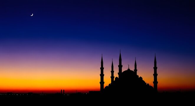Silhouette of the sultan ahmed mosque against a vibrant sunset sky