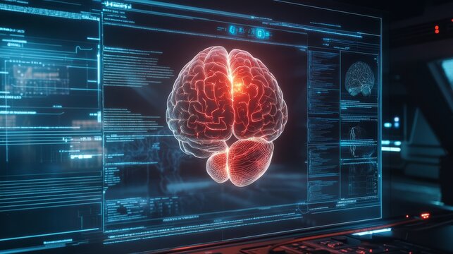 Neon brain and heart diagram with AI diagnostic annotations .