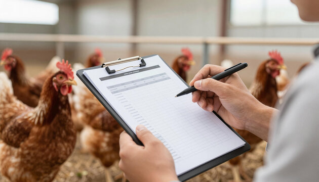 Farm worker holding clipboard and writing a checklist while inspecting a flock of brown hens inside a poultry barn