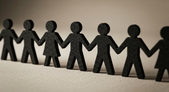 Row of black paper people holding hands symbolizing unity diversity community teamwork connection partnership and strength in social solidarity