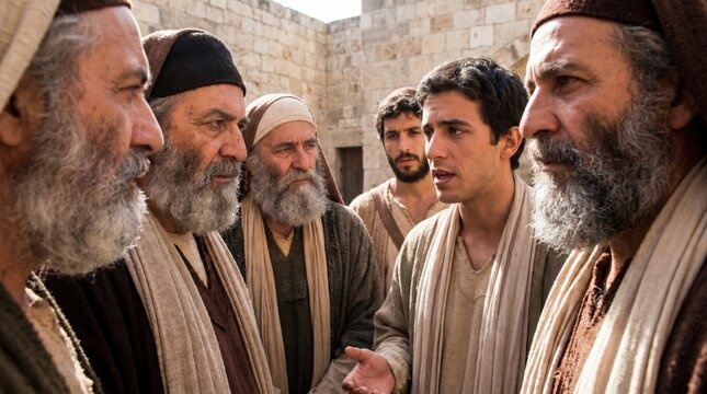 Apostle Peter speaking to religious leaders and Sadducees. Biblical scene of disciples testifying before council. Faith, public debate and religious confrontation in historical setting.