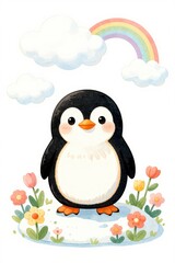 Naklejka premium Cute Cartoon Penguin Standing among Colorful Flowers under Rainbow